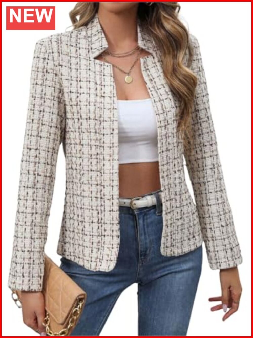 Women's Plaid Tweed Blazer Slim Fit Notch Lapel Open Front Long Sleeve